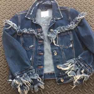 Zara Distressed Fringed Denim Jacket M